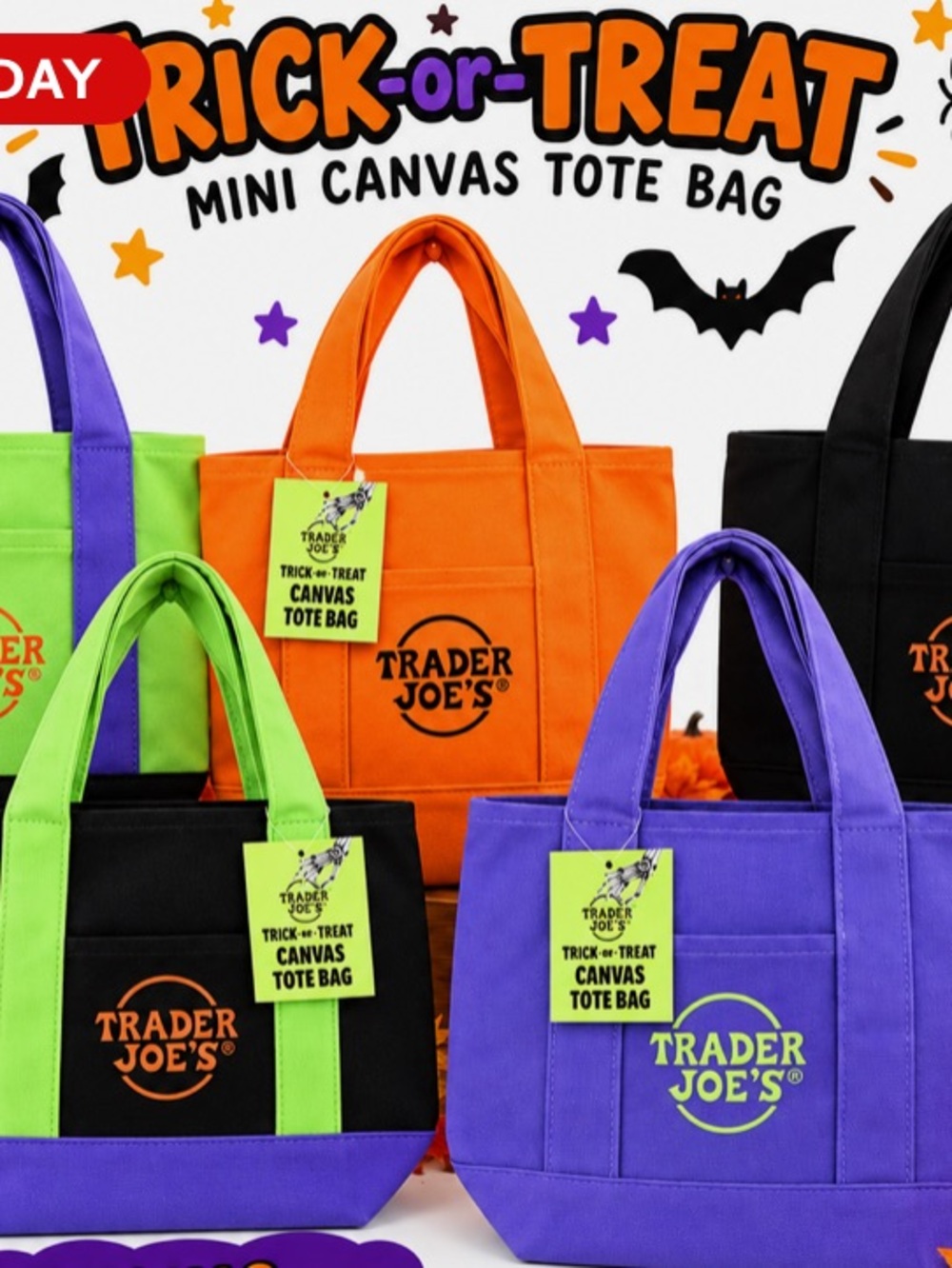 Trader Joe's Halloween Mini Canvas Tote Bag-Green, Orange, Black w lime greenNWT